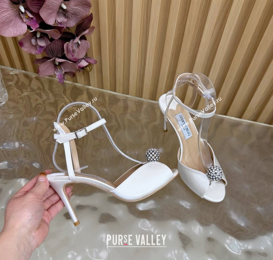 Jimmy Choo Sacora Heel Sandals 8.5cm with Strass in White Satin 2025 1210 (MD-251210142)