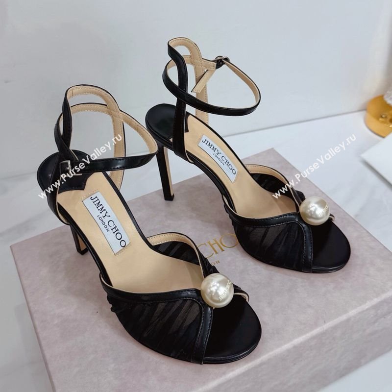 Jimmy Choo Sacora Heel Sandals 10.5cm in Mesh and Leather with Pearl Black 2025 1210 (MD-251210110)
