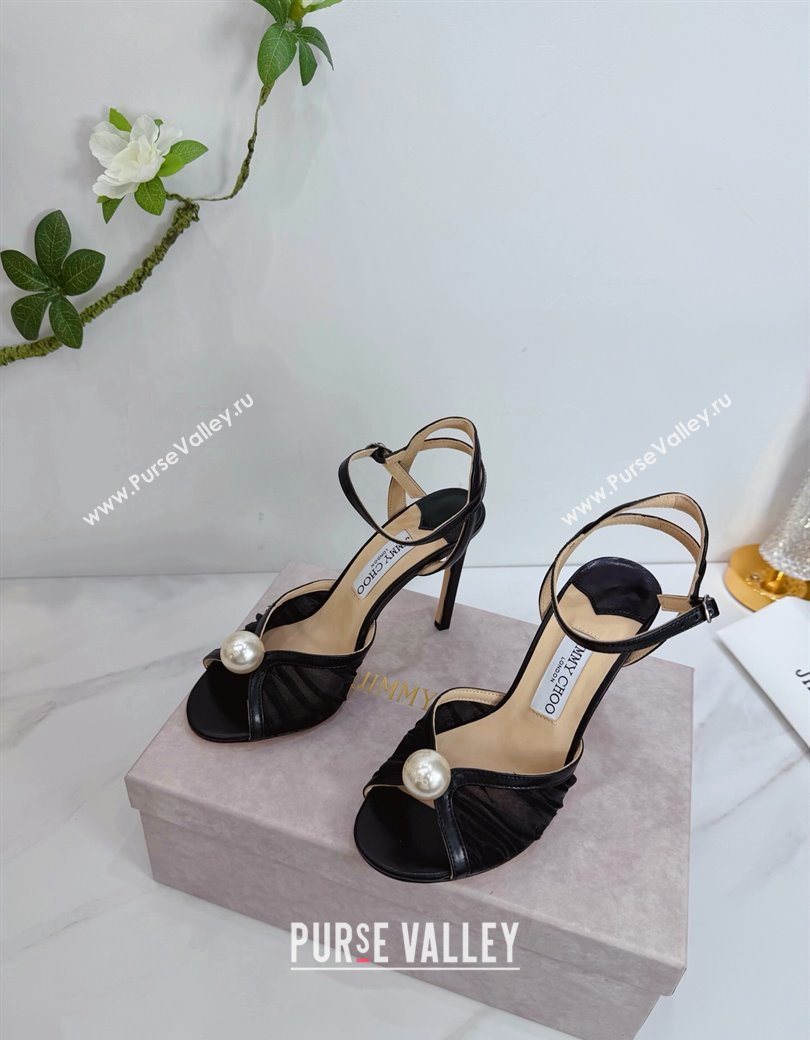 Jimmy Choo Sacora Heel Sandals 10.5cm in Mesh and Leather with Pearl Black 2025 1210 (MD-251210110)