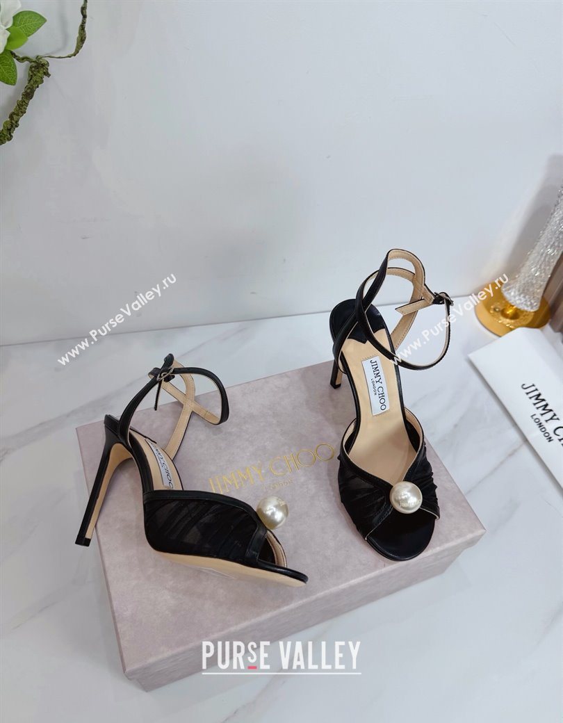 Jimmy Choo Sacora Heel Sandals 10.5cm in Mesh and Leather with Pearl Black 2025 1210 (MD-251210110)