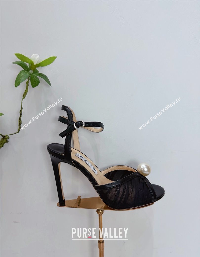 Jimmy Choo Sacora Heel Sandals 10.5cm in Mesh and Leather with Pearl Black 2025 1210 (MD-251210110)