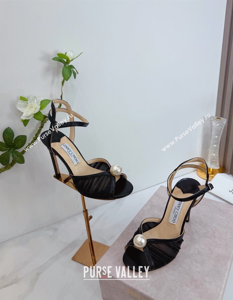 Jimmy Choo Sacora Heel Sandals 10.5cm in Mesh and Leather with Pearl Black 2025 1210 (MD-251210110)