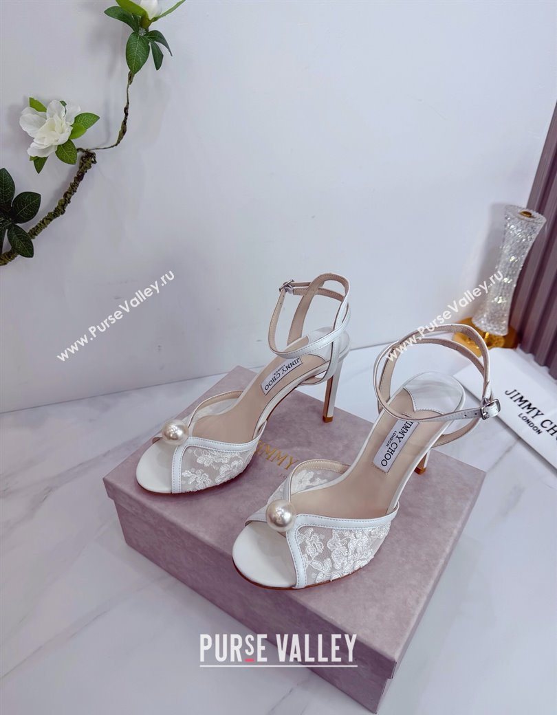 Jimmy Choo Sacora Heel Sandals 10.5cm in Floral Lace with Pearl White 2025 1210 (MD-251210111)