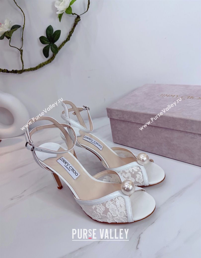Jimmy Choo Sacora Heel Sandals 10.5cm in Floral Lace with Pearl White 2025 1210 (MD-251210111)
