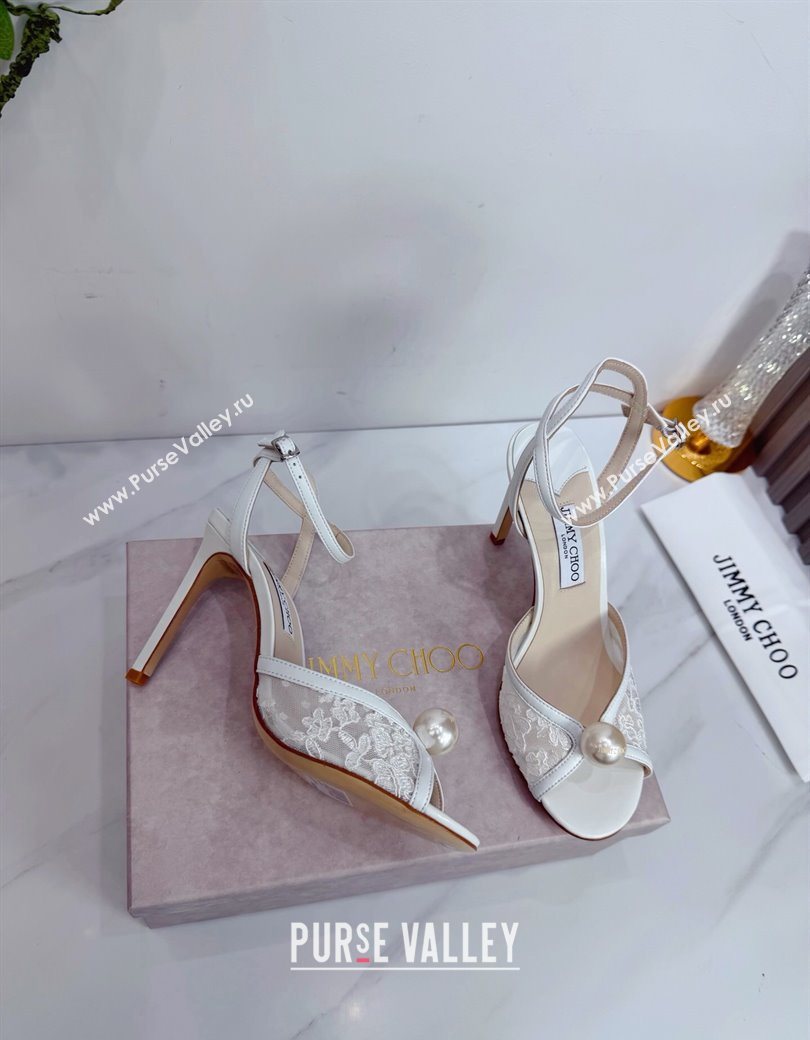 Jimmy Choo Sacora Heel Sandals 10.5cm in Floral Lace with Pearl White 2025 1210 (MD-251210111)