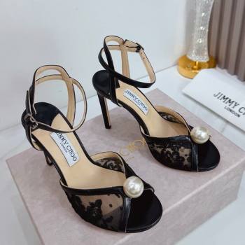 Jimmy Choo Sacora Heel Sandals 10.5cm in Floral Lace with Pearl Black 2025 1210 (MD-251210112)