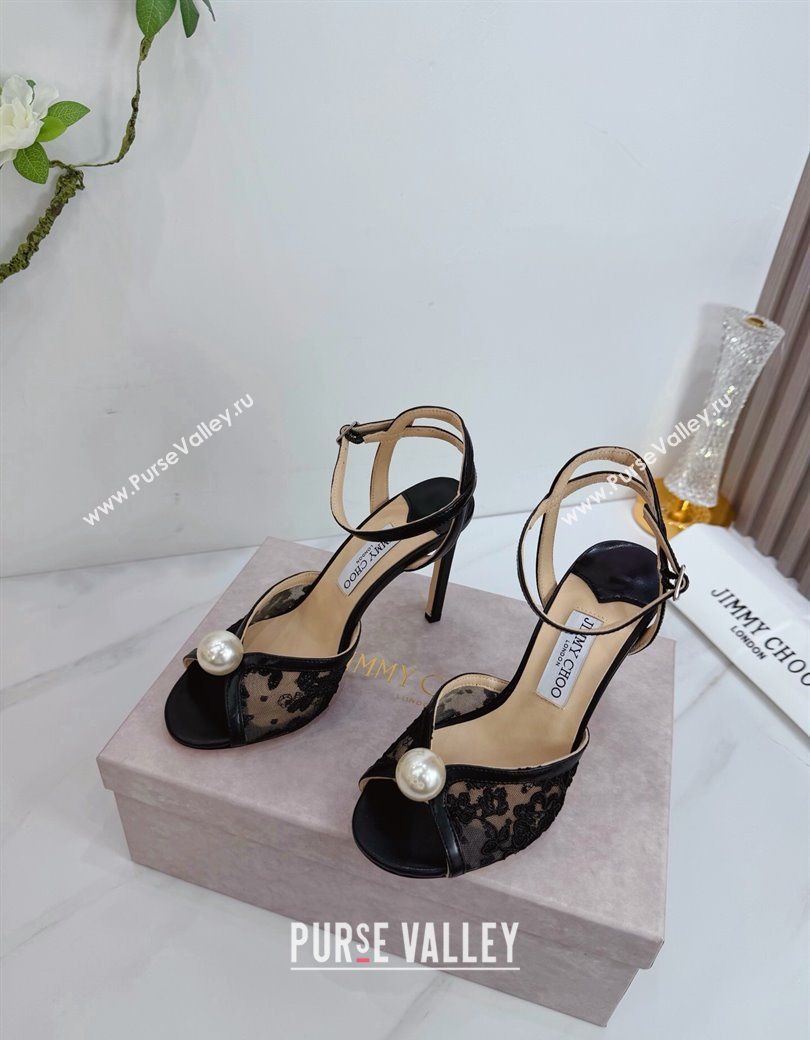 Jimmy Choo Sacora Heel Sandals 10.5cm in Floral Lace with Pearl Black 2025 1210 (MD-251210112)