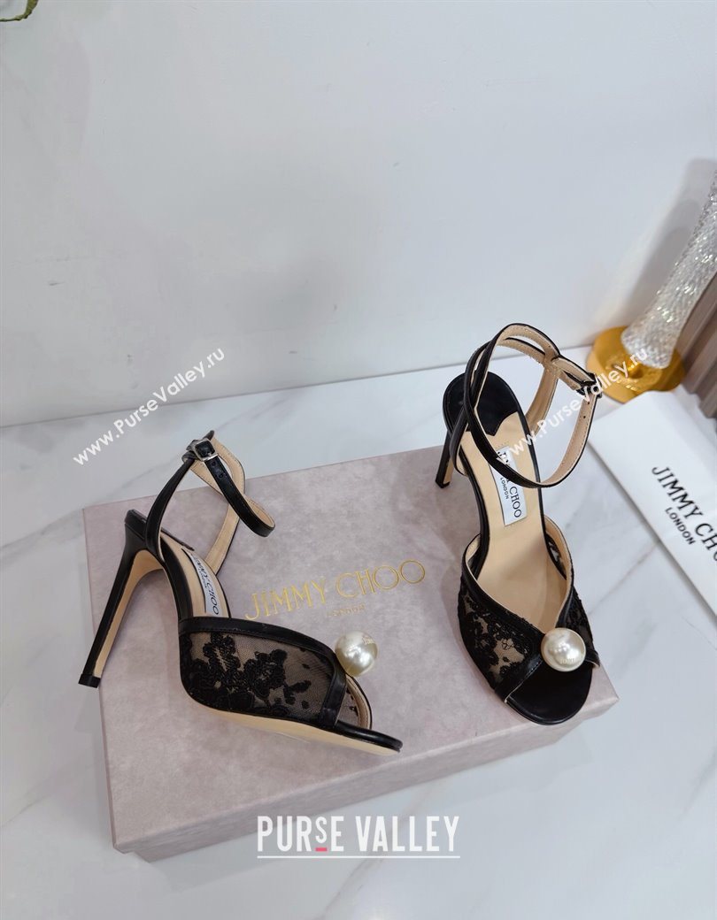 Jimmy Choo Sacora Heel Sandals 10.5cm in Floral Lace with Pearl Black 2025 1210 (MD-251210112)