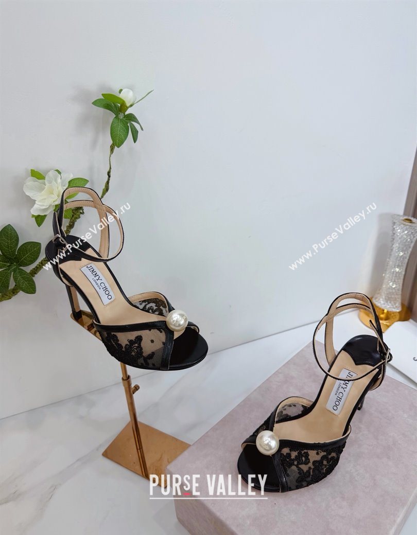 Jimmy Choo Sacora Heel Sandals 10.5cm in Floral Lace with Pearl Black 2025 1210 (MD-251210112)