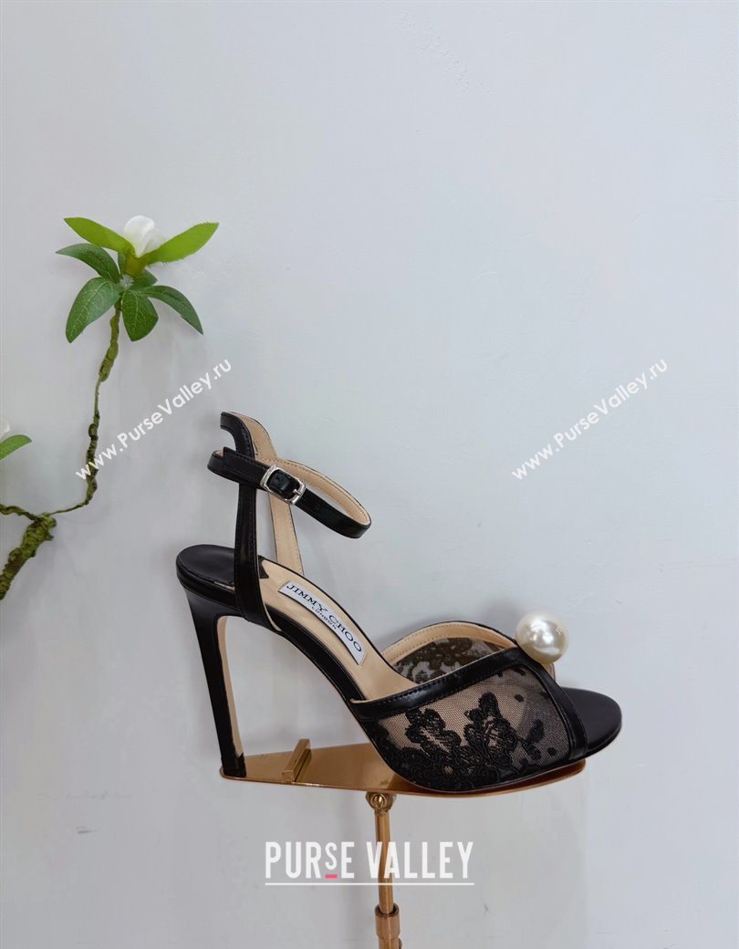 Jimmy Choo Sacora Heel Sandals 10.5cm in Floral Lace with Pearl Black 2025 1210 (MD-251210112)