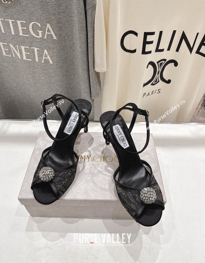 Jimmy Choo Sacora Heel Sandals 8.5cm in Floral Lace with Strass Black 2025 1210 (MD-251210113)