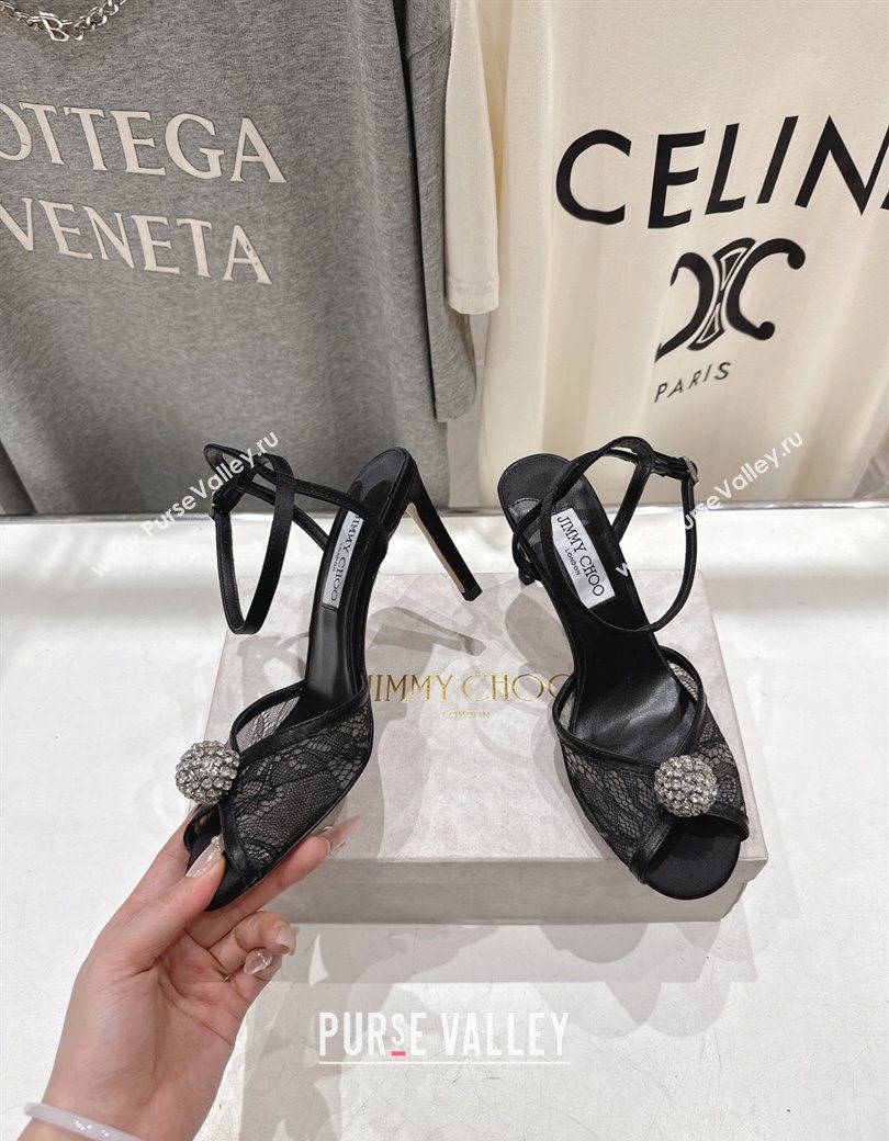 Jimmy Choo Sacora Heel Sandals 8.5cm in Floral Lace with Strass Black 2025 1210 (MD-251210113)