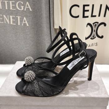 Jimmy Choo Sacora Heel Sandals 8.5cm in Floral Lace with Strass Black 2025 1210 (MD-251210113)