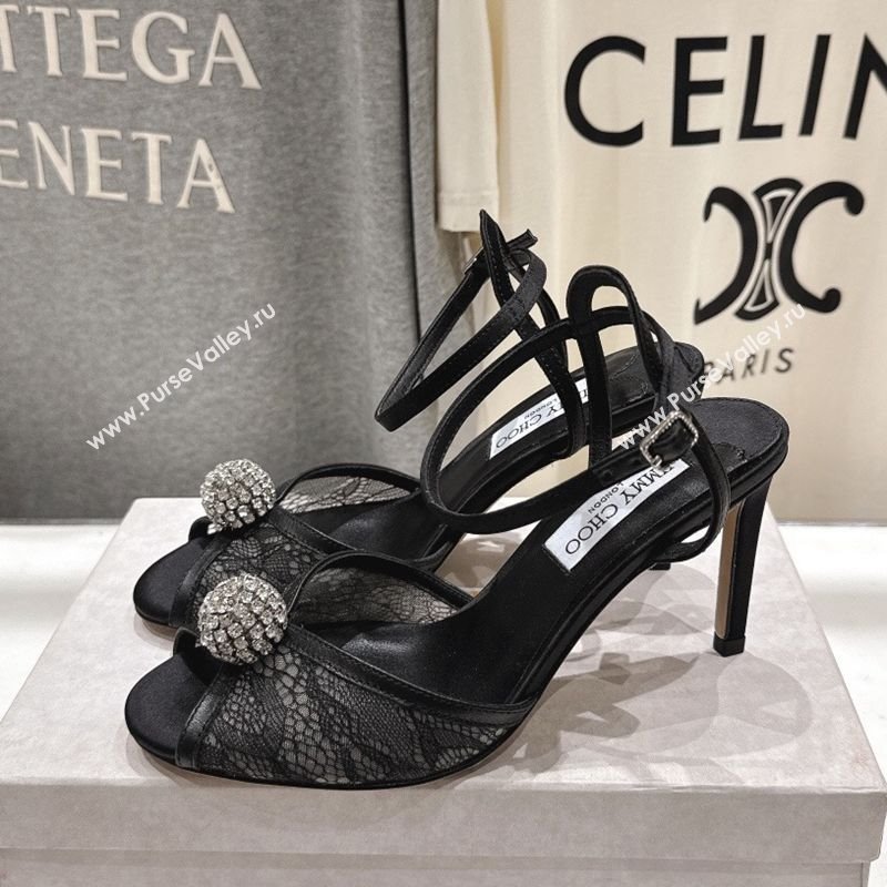 Jimmy Choo Sacora Heel Sandals 8.5cm in Floral Lace with Strass Black 2025 1210 (MD-251210113)
