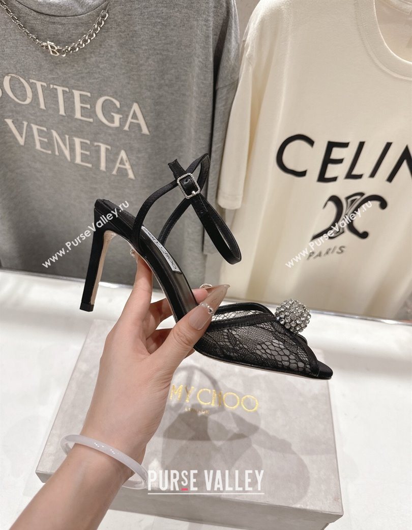 Jimmy Choo Sacora Heel Sandals 8.5cm in Floral Lace with Strass Black 2025 1210 (MD-251210113)
