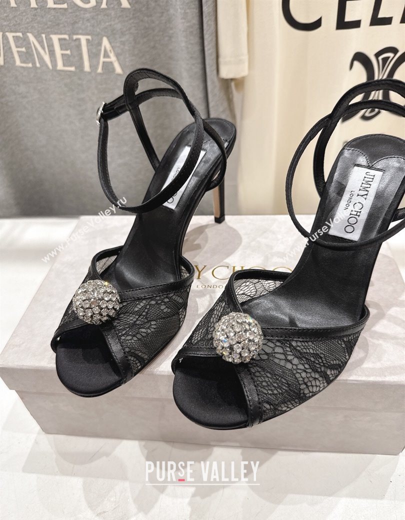 Jimmy Choo Sacora Heel Sandals 8.5cm in Floral Lace with Strass Black 2025 1210 (MD-251210113)