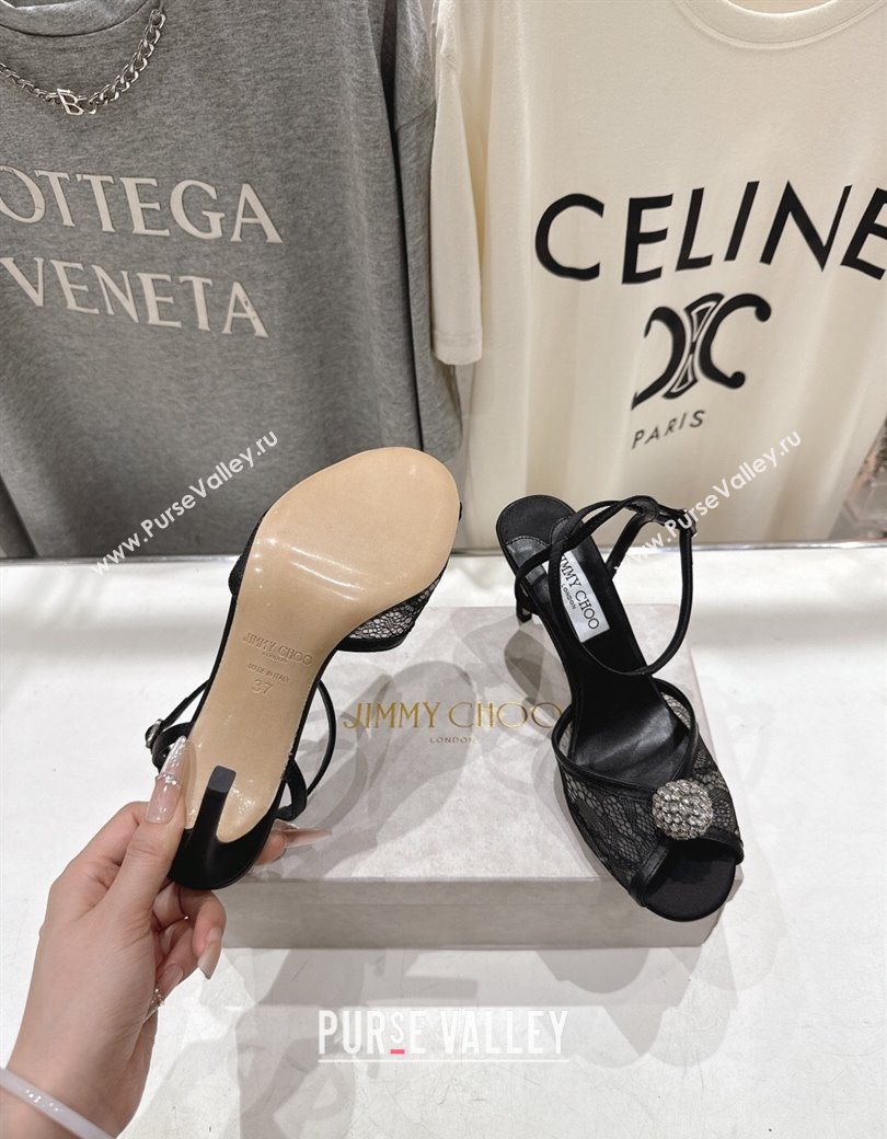 Jimmy Choo Sacora Heel Sandals 8.5cm in Floral Lace with Strass Black 2025 1210 (MD-251210113)