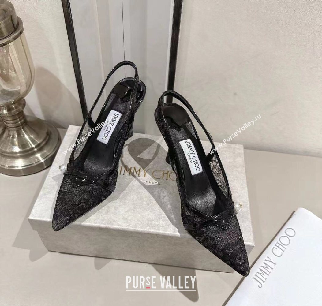Jimmy Choo Amita Pumps 8.5cm in Lace Mesh with Pearl Black 2025 1210 (MD-251210083)