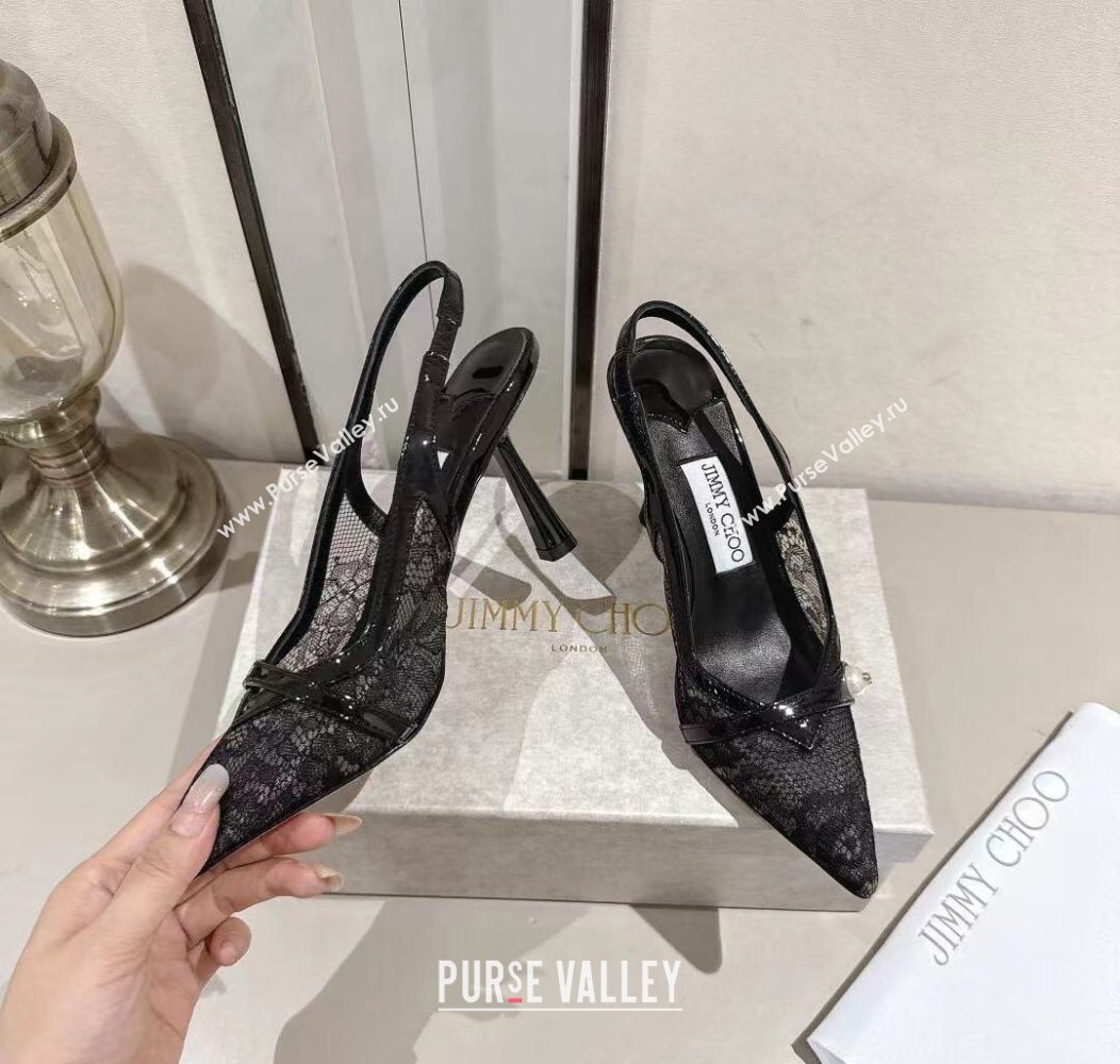 Jimmy Choo Amita Pumps 8.5cm in Lace Mesh with Pearl Black 2025 1210 (MD-251210083)