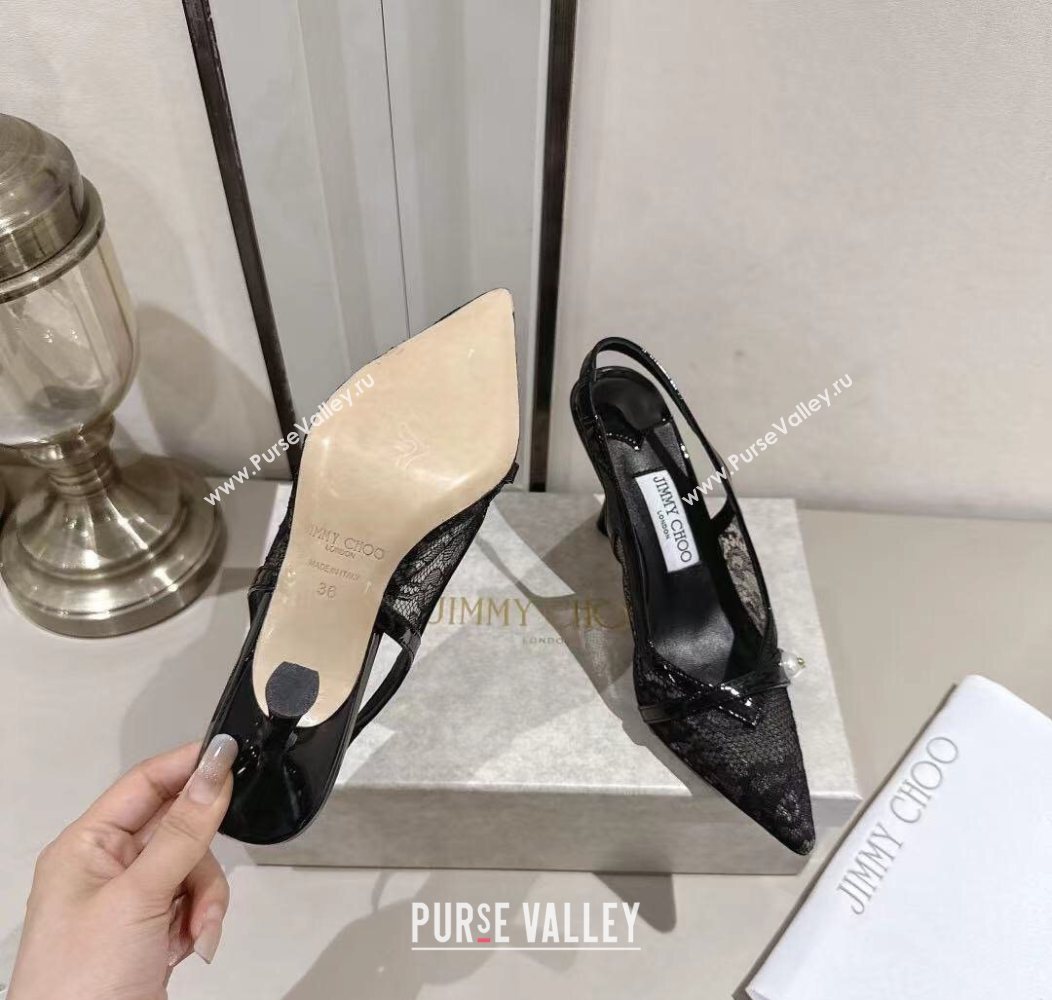 Jimmy Choo Amita Pumps 8.5cm in Lace Mesh with Pearl Black 2025 1210 (MD-251210083)
