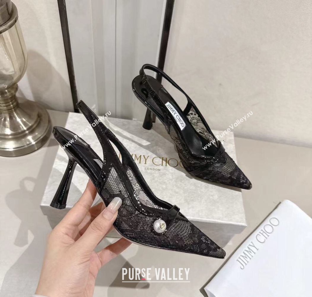 Jimmy Choo Amita Pumps 8.5cm in Lace Mesh with Pearl Black 2025 1210 (MD-251210083)
