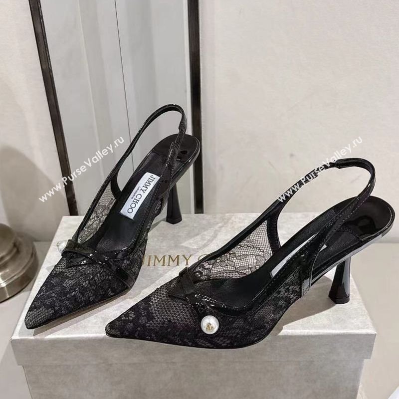 Jimmy Choo Amita Pumps 8.5cm in Lace Mesh with Pearl Black 2025 1210 (MD-251210083)