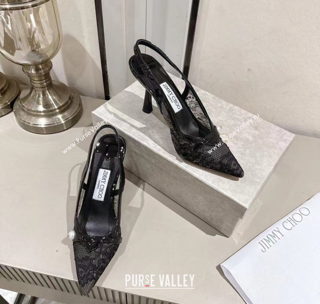 Jimmy Choo Amita Pumps 8.5cm in Lace Mesh with Pearl Black 2025 1210 (MD-251210083)