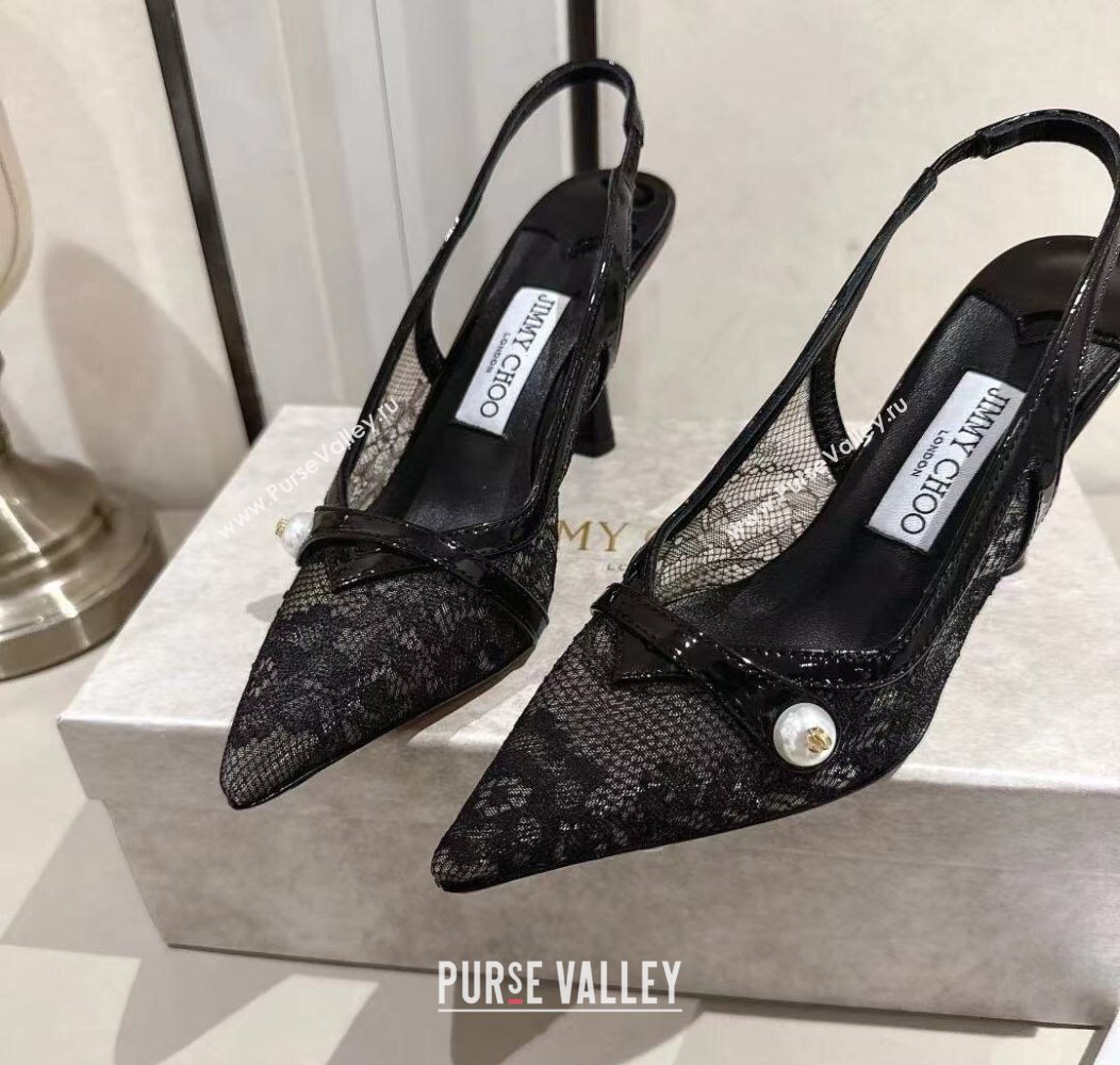 Jimmy Choo Amita Pumps 8.5cm in Lace Mesh with Pearl Black 2025 1210 (MD-251210083)