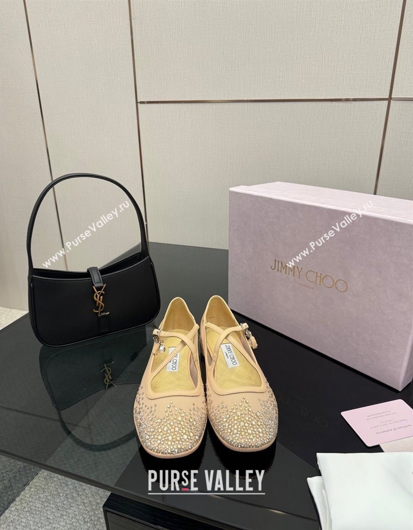 Jimmy Choo Mesh and Strass Mary Janes Ballerinas Flat with Pearl Bow Beige 2025 JC121001 (MD-251210121)