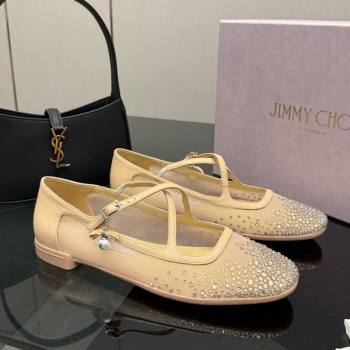 Jimmy Choo Mesh and Strass Mary Janes Ballerinas Flat with Pearl Bow Beige 2025 JC121001 (MD-251210121)