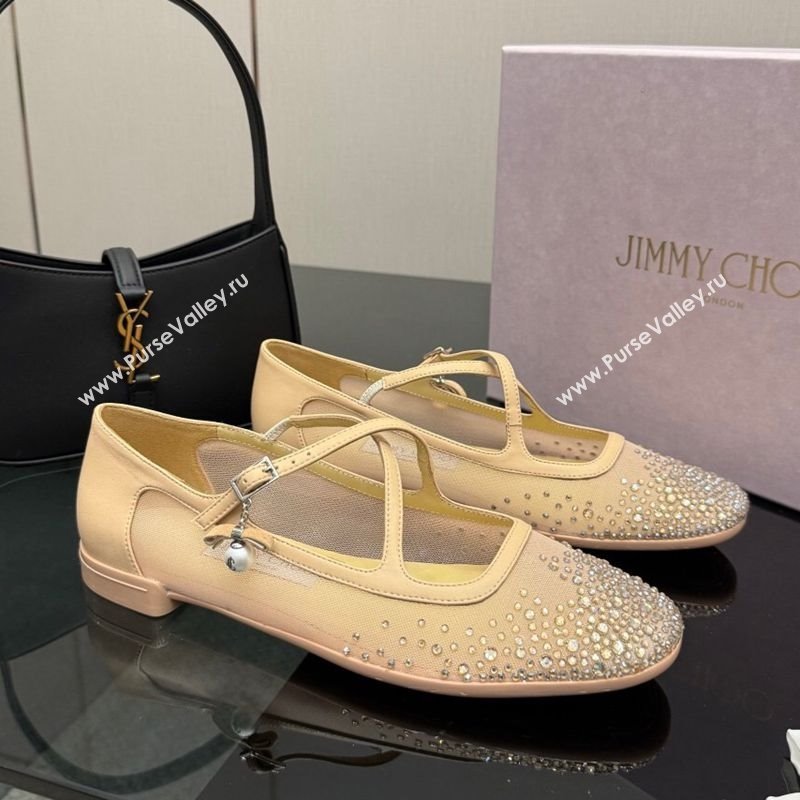 Jimmy Choo Mesh and Strass Mary Janes Ballerinas Flat with Pearl Bow Beige 2025 JC121001 (MD-251210121)