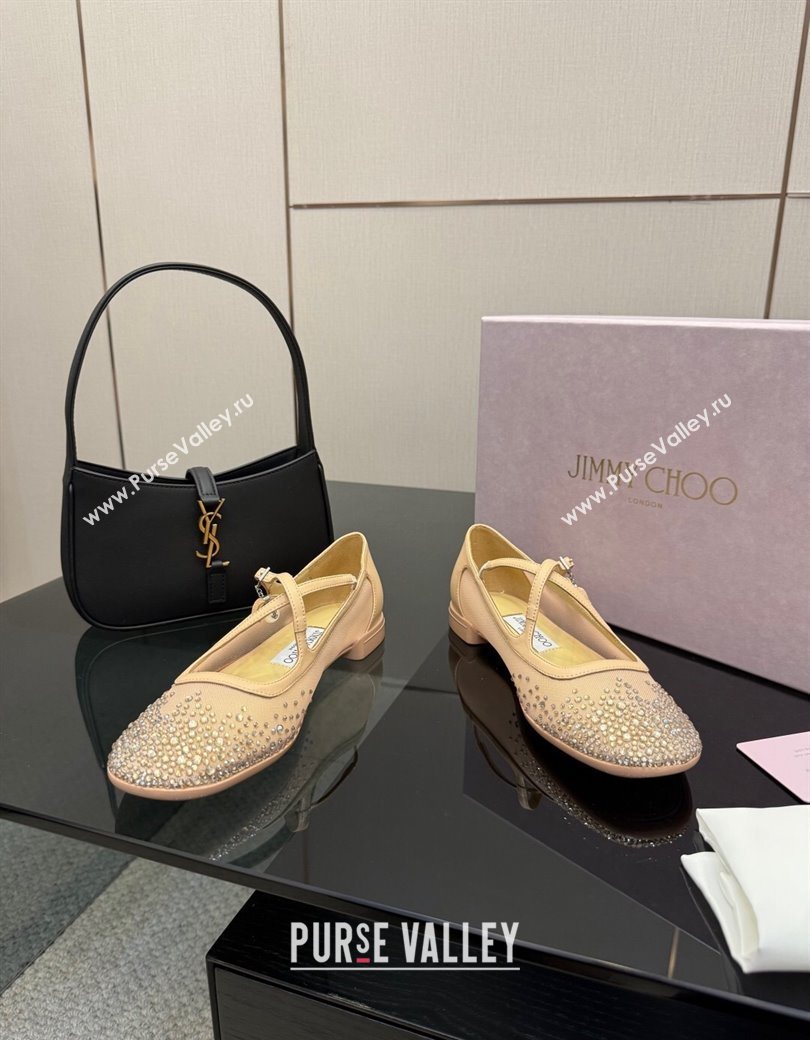 Jimmy Choo Mesh and Strass Mary Janes Ballerinas Flat with Pearl Bow Beige 2025 JC121001 (MD-251210121)