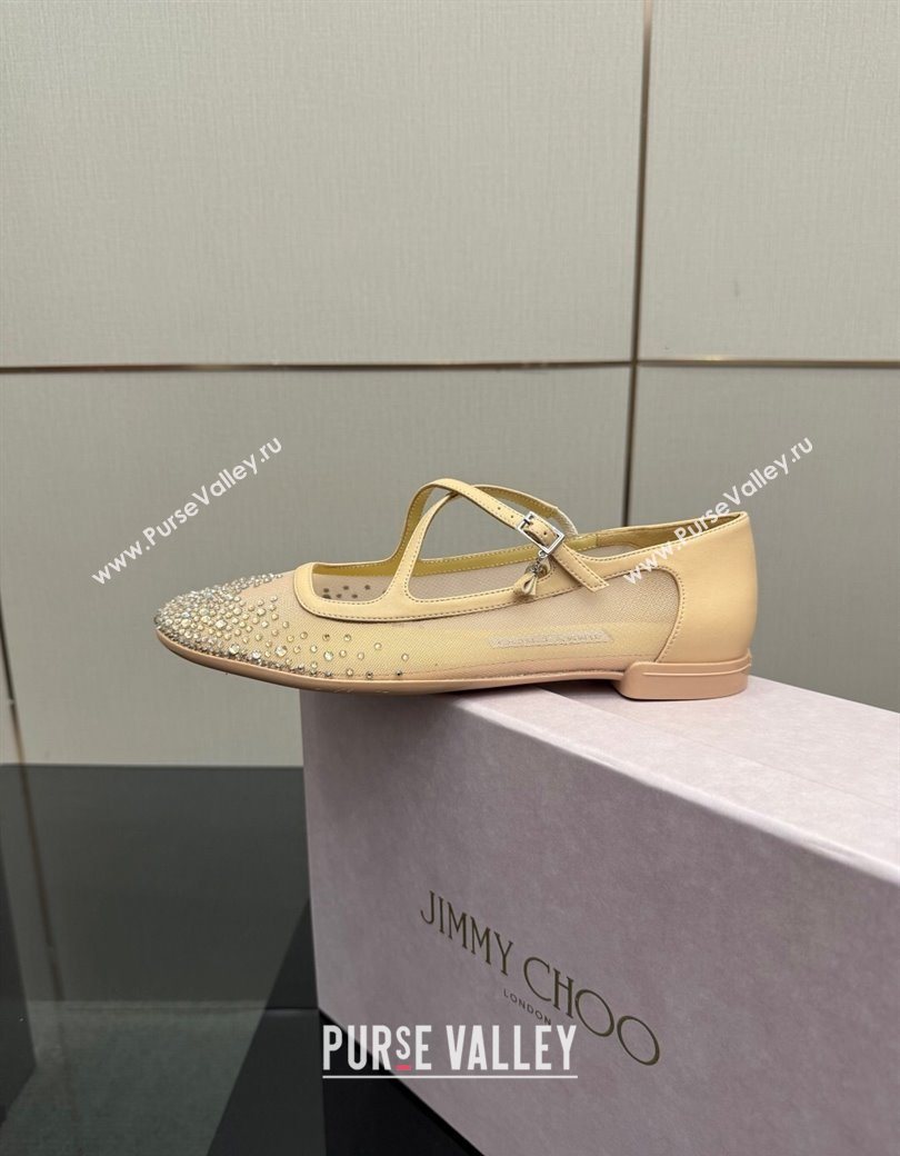 Jimmy Choo Mesh and Strass Mary Janes Ballerinas Flat with Pearl Bow Beige 2025 JC121001 (MD-251210121)