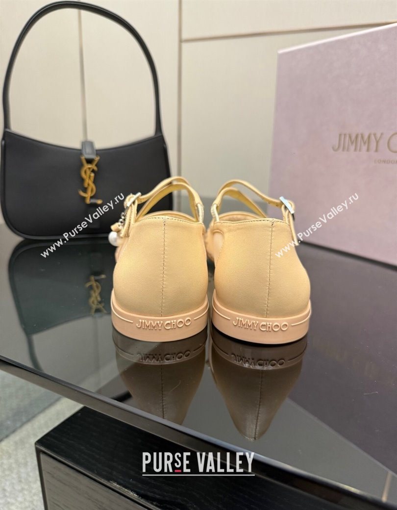Jimmy Choo Mesh and Strass Mary Janes Ballerinas Flat with Pearl Bow Beige 2025 JC121001 (MD-251210121)