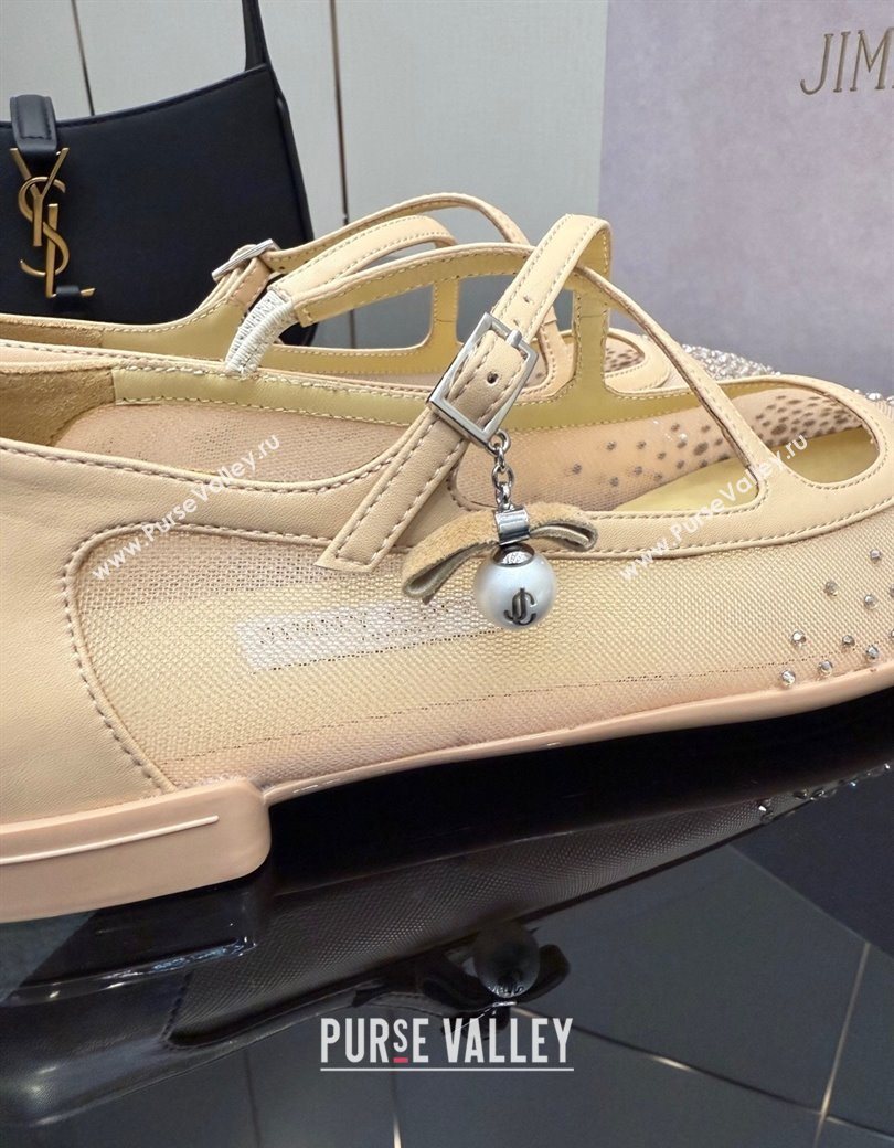 Jimmy Choo Mesh and Strass Mary Janes Ballerinas Flat with Pearl Bow Beige 2025 JC121001 (MD-251210121)