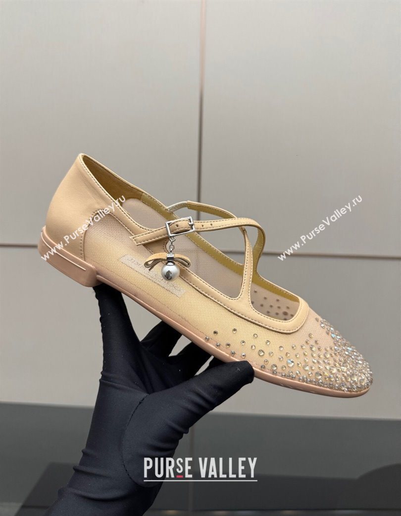Jimmy Choo Mesh and Strass Mary Janes Ballerinas Flat with Pearl Bow Beige 2025 JC121001 (MD-251210121)