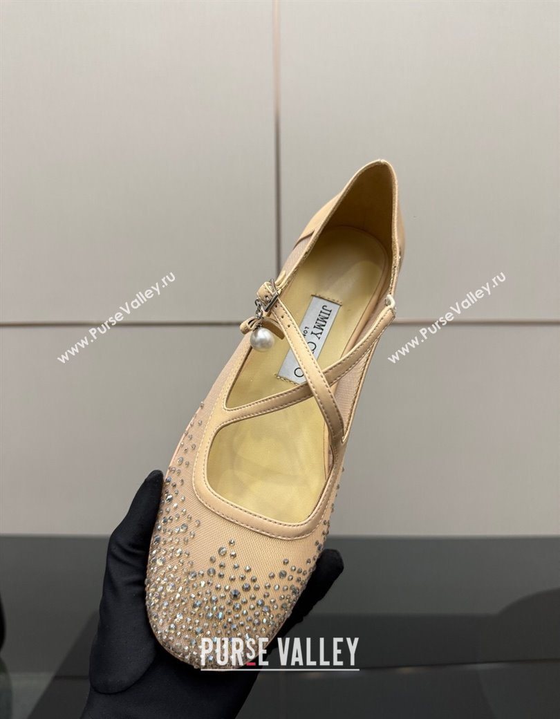 Jimmy Choo Mesh and Strass Mary Janes Ballerinas Flat with Pearl Bow Beige 2025 JC121001 (MD-251210121)