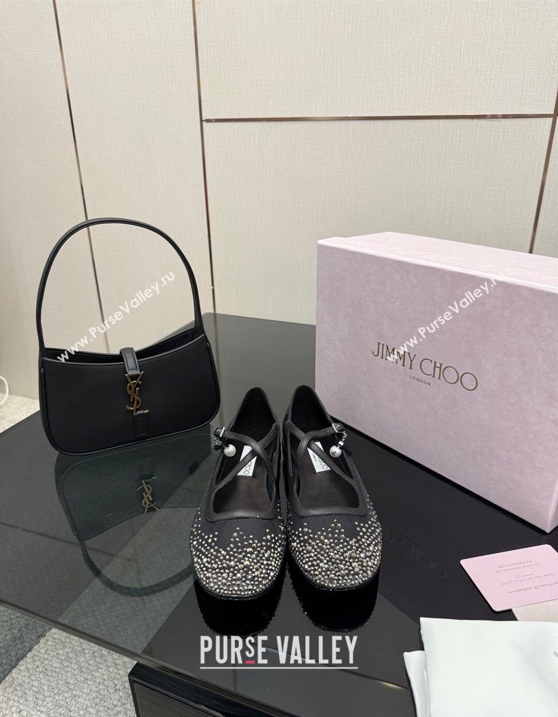 Jimmy Choo Mesh and Strass Mary Janes Ballerinas Flat with Pearl Bow Black 2025 JC121001 (MD-251210122)