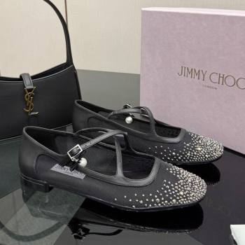 Jimmy Choo Mesh and Strass Mary Janes Ballerinas Flat with Pearl Bow Black 2025 JC121001 (MD-251210122)