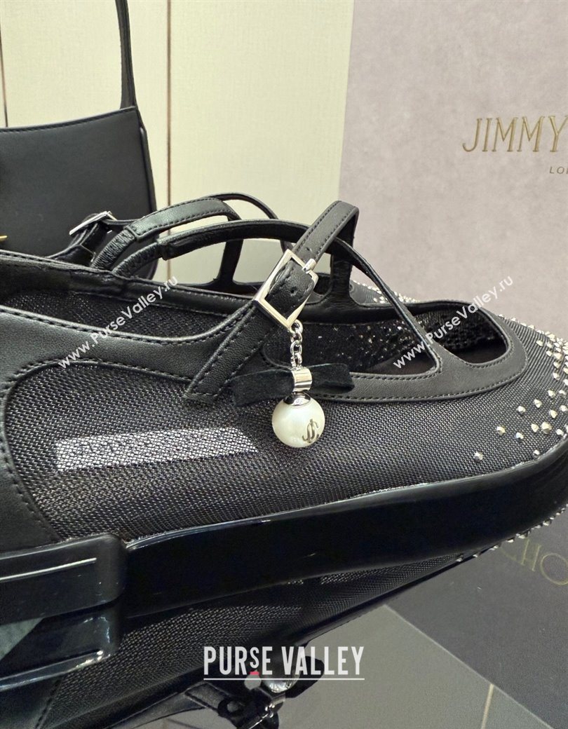 Jimmy Choo Mesh and Strass Mary Janes Ballerinas Flat with Pearl Bow Black 2025 JC121001 (MD-251210122)