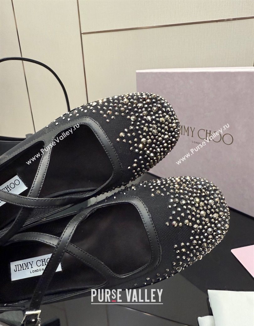 Jimmy Choo Mesh and Strass Mary Janes Ballerinas Flat with Pearl Bow Black 2025 JC121001 (MD-251210122)
