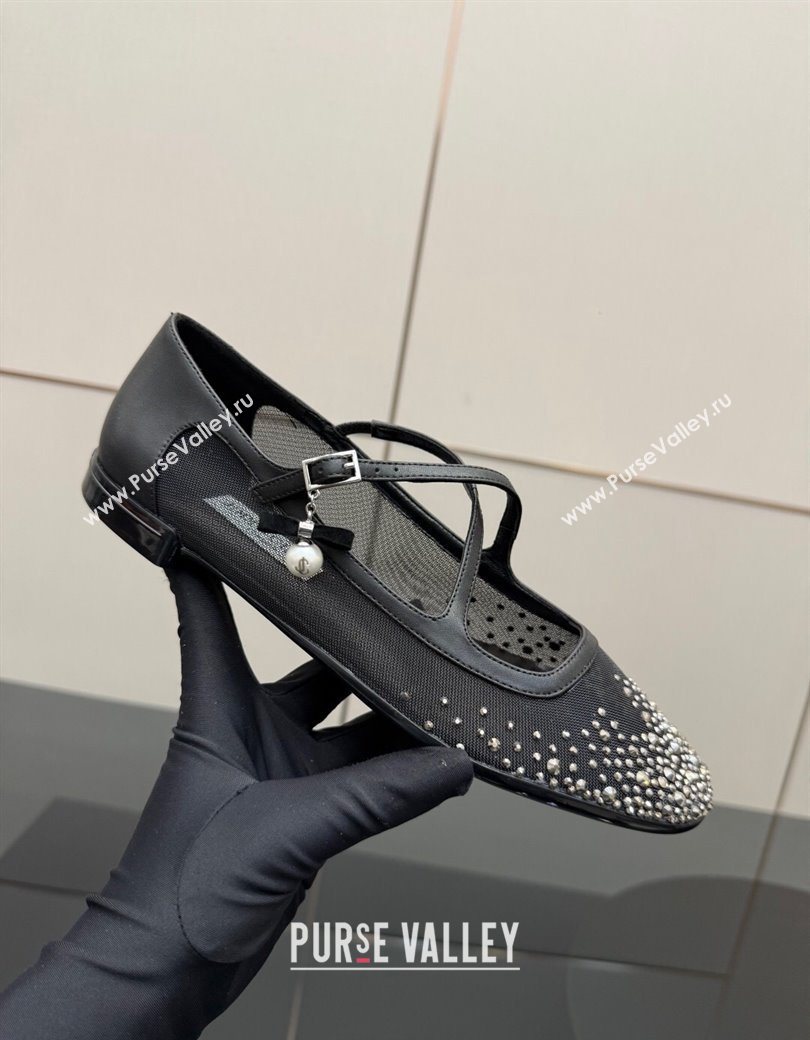 Jimmy Choo Mesh and Strass Mary Janes Ballerinas Flat with Pearl Bow Black 2025 JC121001 (MD-251210122)