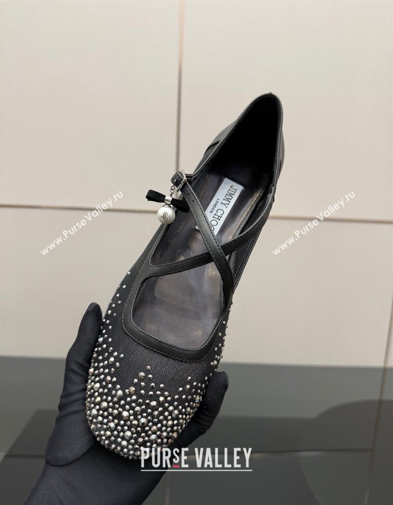 Jimmy Choo Mesh and Strass Mary Janes Ballerinas Flat with Pearl Bow Black 2025 JC121001 (MD-251210122)