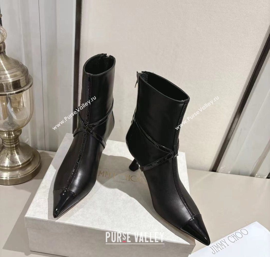 Jimmy Choo Aren Heel Ankle Boots 6.5cm in Lambskin and Patent Calfskin Leather with Pear Straps Black 2025 (MD-251211002)