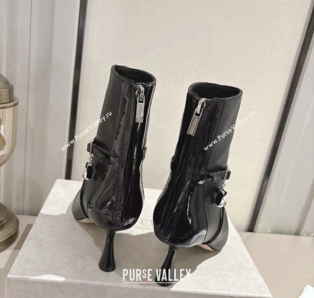 Jimmy Choo Aren Heel Ankle Boots 6.5cm in Lambskin and Patent Calfskin Leather with Pear Straps Black 2025 (MD-251211002)