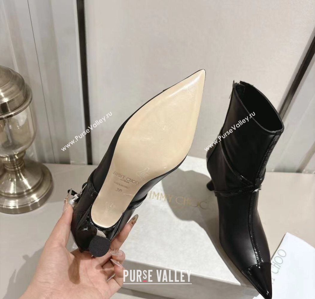 Jimmy Choo Aren Heel Ankle Boots 6.5cm in Lambskin and Patent Calfskin Leather with Pear Straps Black 2025 (MD-251211002)