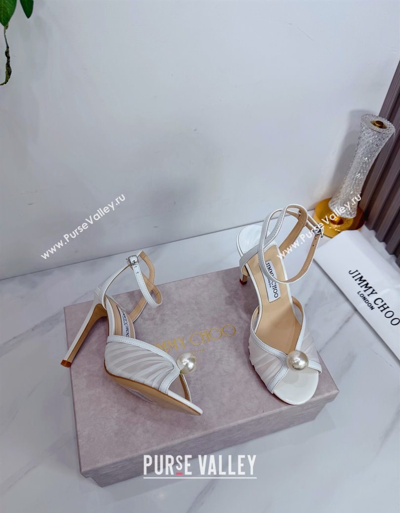 Jimmy Choo Sacora Heel Sandals 10.5cm in Mesh and Leather with Pearl White 2025 1210 (MD-251210109)