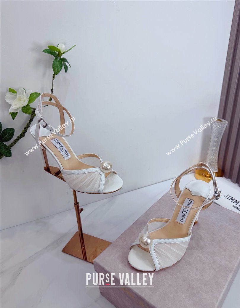 Jimmy Choo Sacora Heel Sandals 10.5cm in Mesh and Leather with Pearl White 2025 1210 (MD-251210109)