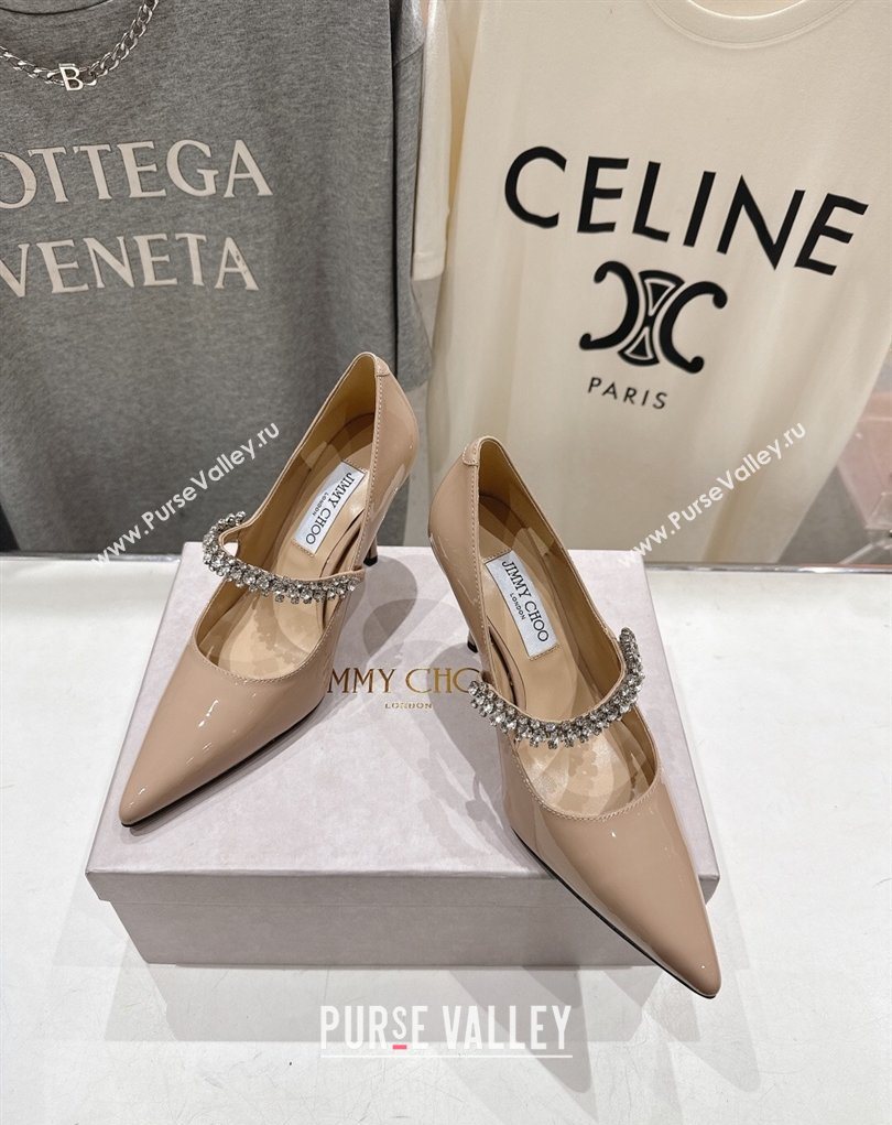 Jimmy Choo Bing Pumps 8.5cm with Strass Strap in Patent Calfskin Leather Nude Pink 2026 (MD-260207007)