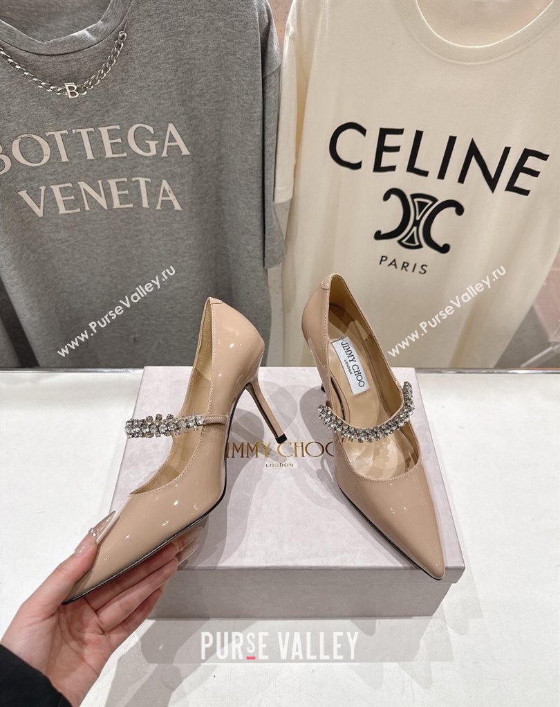 Jimmy Choo Bing Pumps 8.5cm with Strass Strap in Patent Calfskin Leather Nude Pink 2026 (MD-260207007)